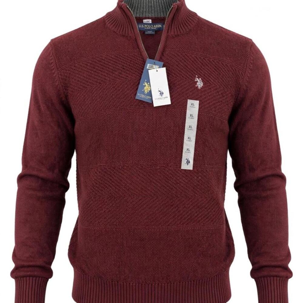 U.S. Polo Assn Sweater Mens XL Burgundy Quarter Zip Knit Pullover Mock Neck NWT
